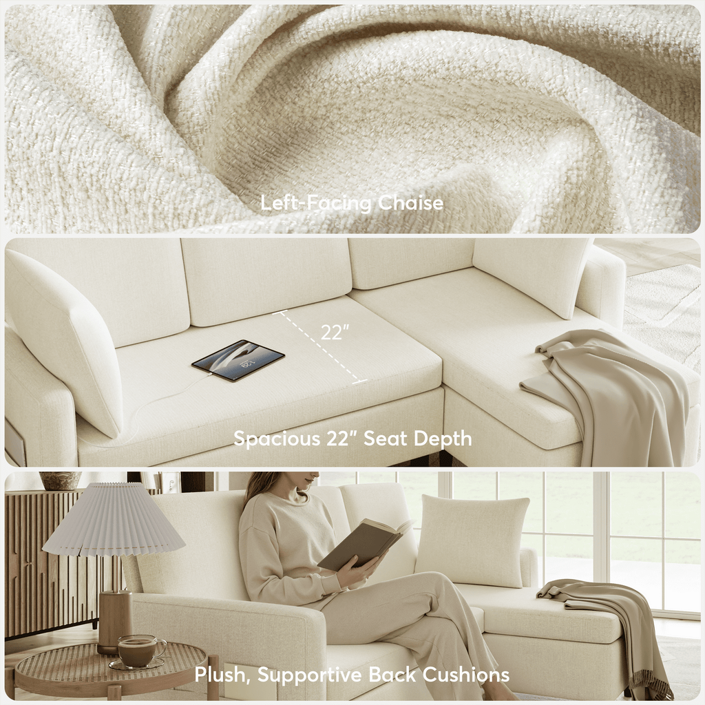 BINBANK L-Shaped Chenille Pull Out Sleeper and Storage Chaise Sectional Futon Sofa Bed with USB, Gray/Beige