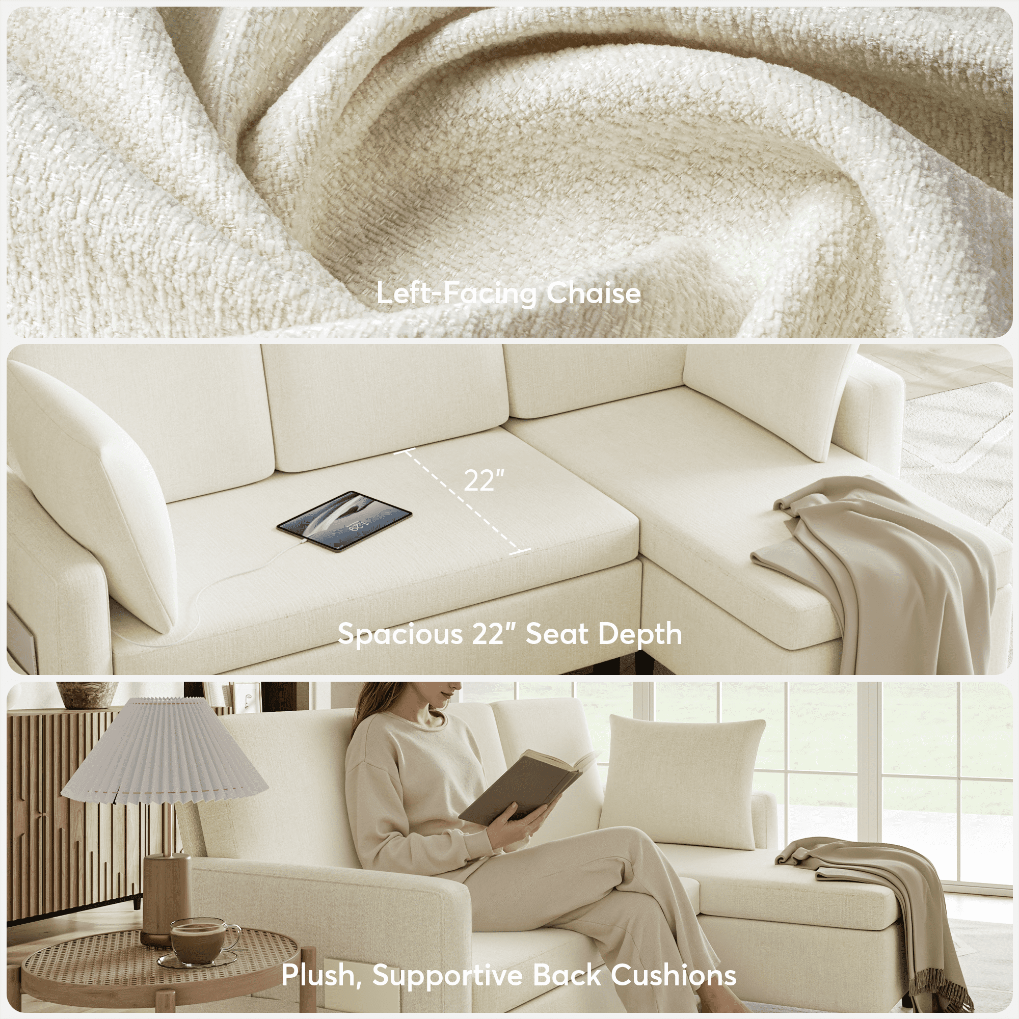 BINBANK L-Shaped Chenille Pull Out Sleeper and Storage Chaise Sectional Futon Sofa Bed with USB, Gray/Beige