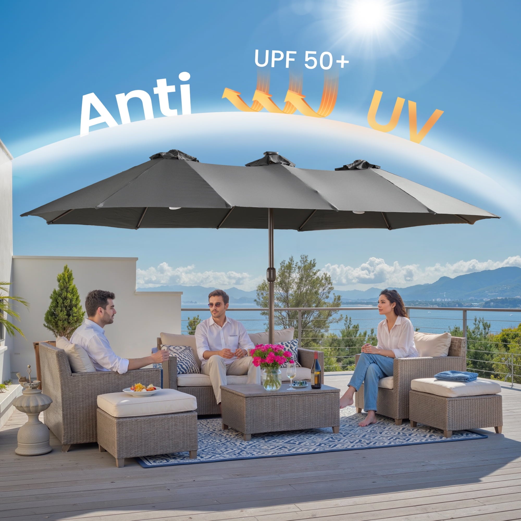 Ovios 15ft Solar LED Patio Umbrellas Double-Sided Outdoor Umbrella 36 LED Lights Large Poolside Umbrella with Base for Outside, Market, Backyard, Dark Grey