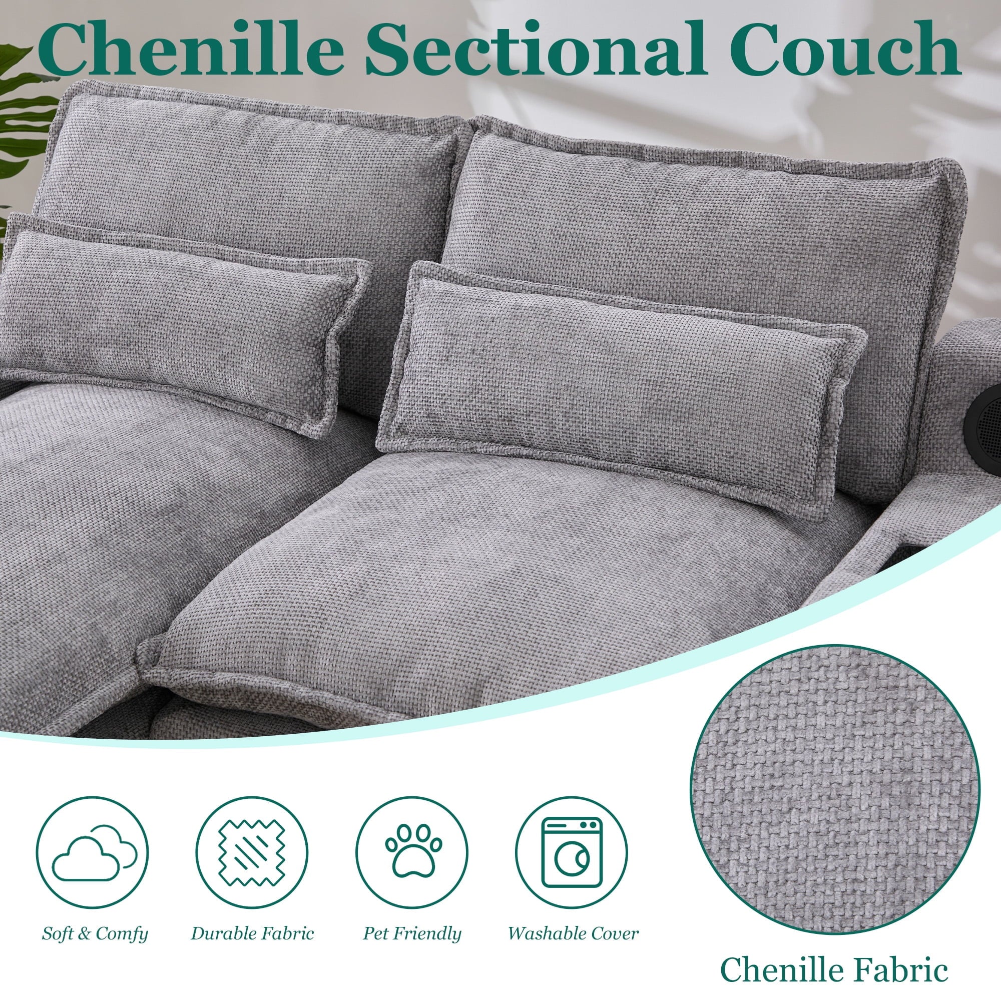 Villeston 126.77 U-Shaped Cloud Sofa With Chaise Lounge, Chenille Sofa With Wireless Charging, Bluetooth Speaker, Two Cup Holders, Storage Drawer, Suitable For Living Room,Gray