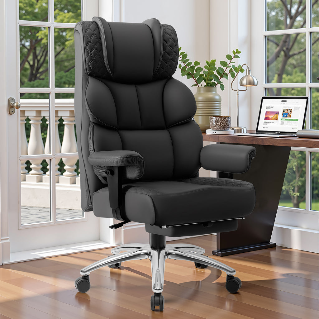 COOLHUT Big and Tall Office Chair 400LBS, Adjustable Headrest Ergonomic Computer Desk Chair, Executive Leather Chair with Adjustable Armrest, High Back Office Chair Havy Duty Design, Black