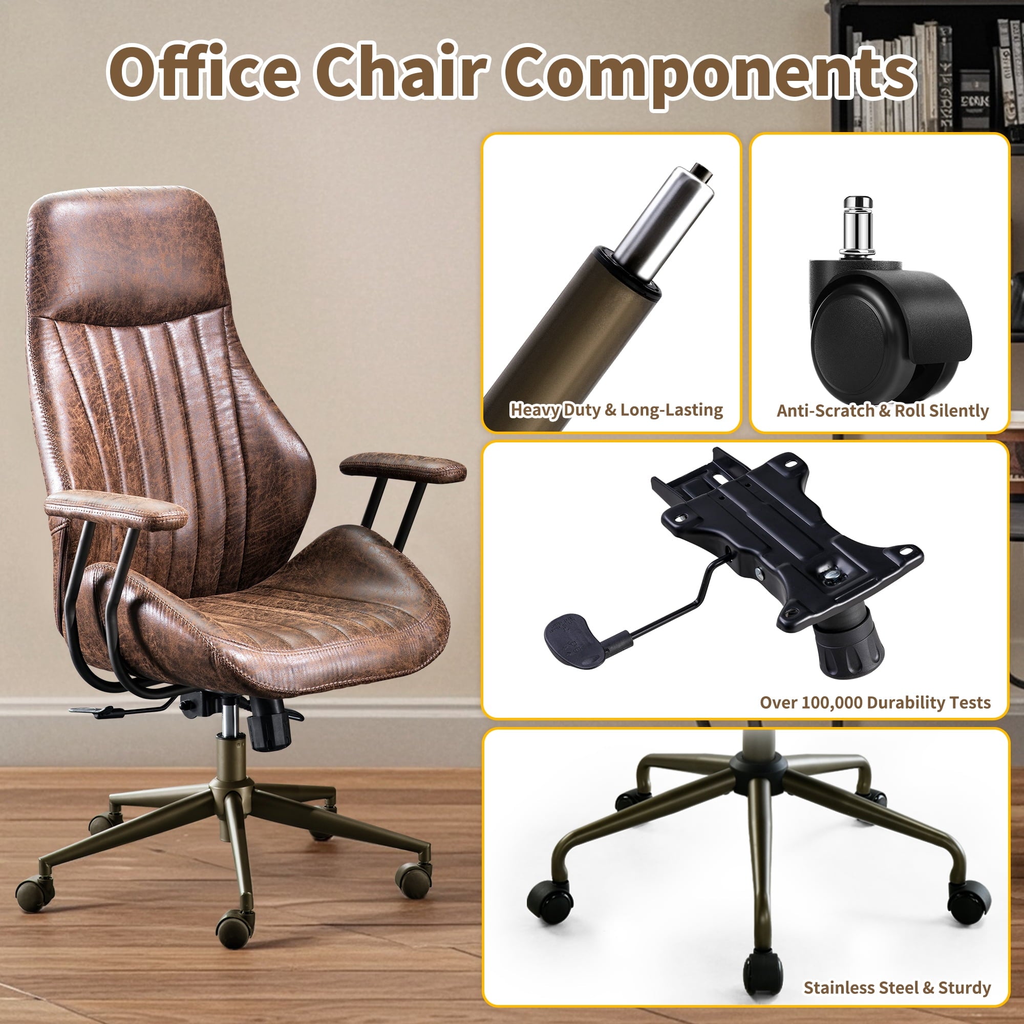 Toject Ergonomic Office Chair, High Back Big Comfy Home Office Chair with Lumbar Support, Mid-Century Modern Computer Executive Office Chair, Brown