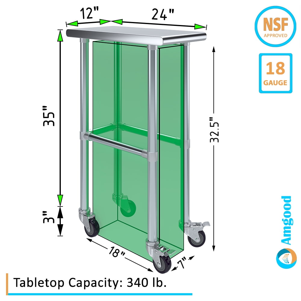 AmGood 36 Long x 30 Deep Stainless-Steel Work Table with Open Base and Wheels, Mobile Metal Table