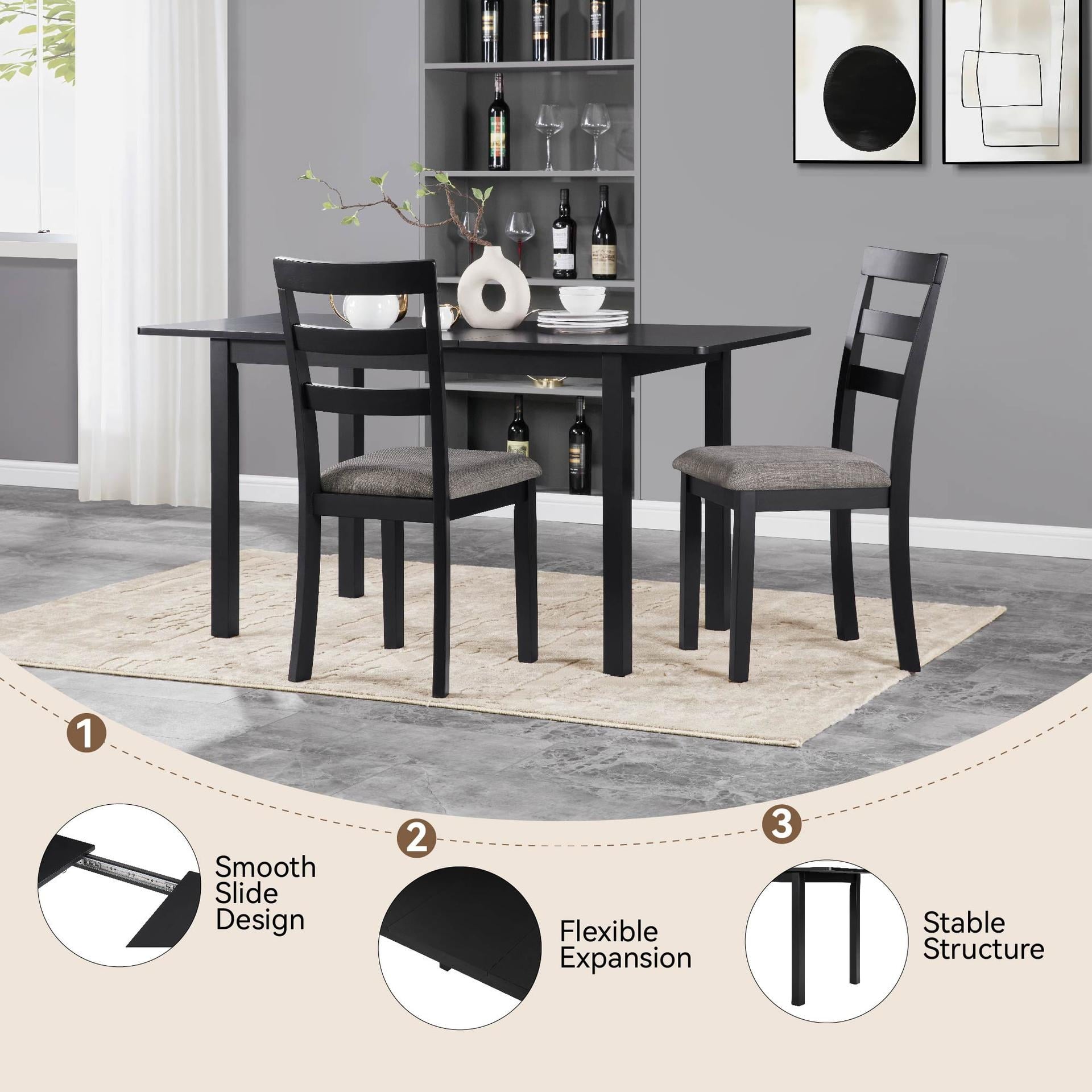 Lisonu 59 Extendable Dining Table, Modern Black Wooden Kitchen Table for 4-8 People, Space-Saving Expandable Table for Dining Room, Home Office & Small Living Spaces