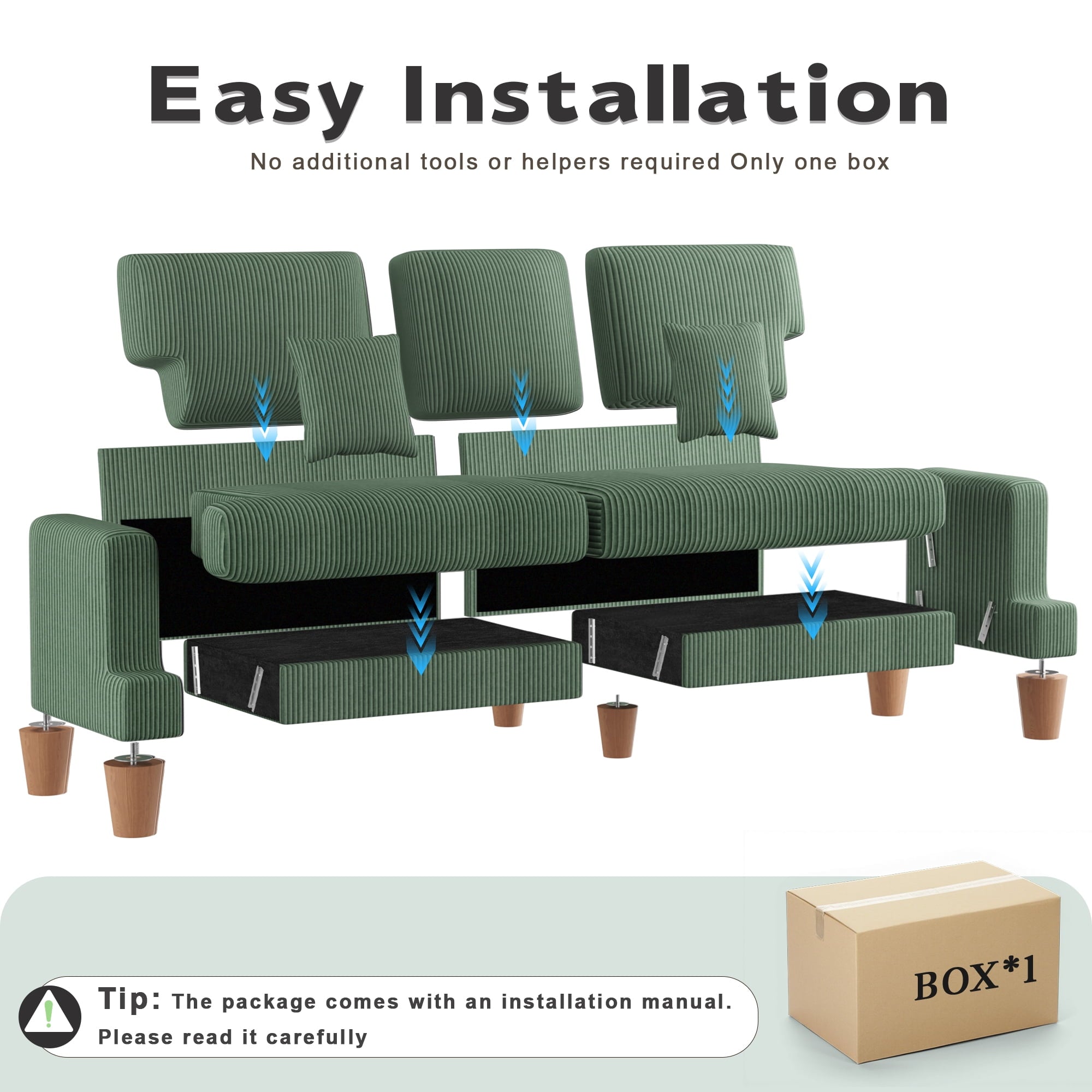 AAQZ 87 Corduroy Sofa Couch for Living Room, 3 Seater Deep Seat Comfy Couch in a Box, 2 Cushions, 2 Pillows Tool-Free Setup,Gray