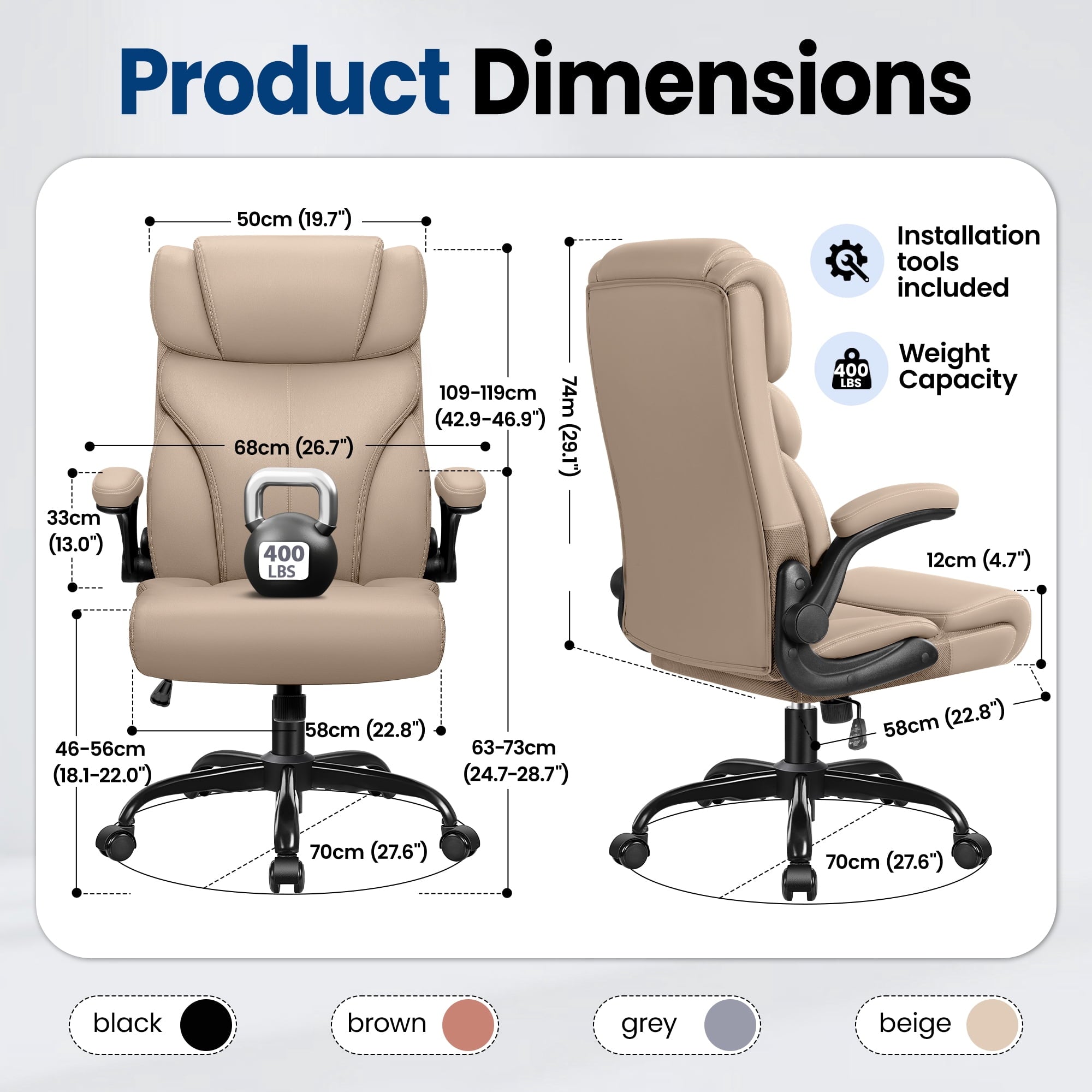 STACOO High Back Executive Office Chair 400lbs, Big and Tall Ergonomic Desk Chair with Lumbar Support & Flip-up Armrests, PU Leather Swivel Chair with Adjustable Height – Brown