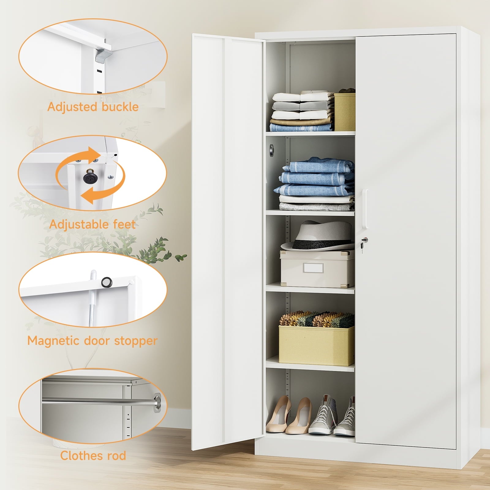 STANI Metal Wardrobe Closet with Hanging Rod, 72 White Armoire Wardrobe Cabinet with Adjustable Shelves, Clothes Storage Organizer Cabinets for Bedroom, Bathroom, Office