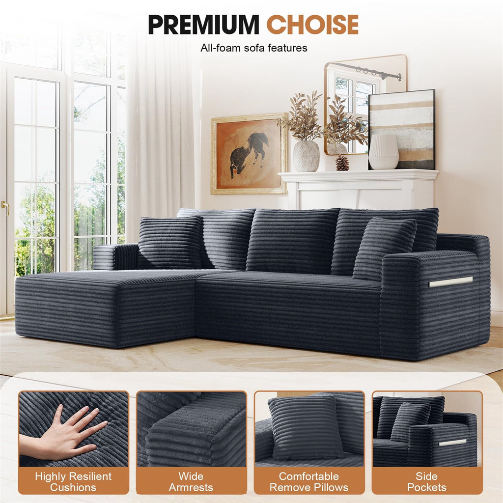Aukfa 95 Cloud Sectional Sofa Deep Seat Boneless Couch Modular L-Shaped Couch, Left Chaise Corduroy Sofa for Living Room, Black
