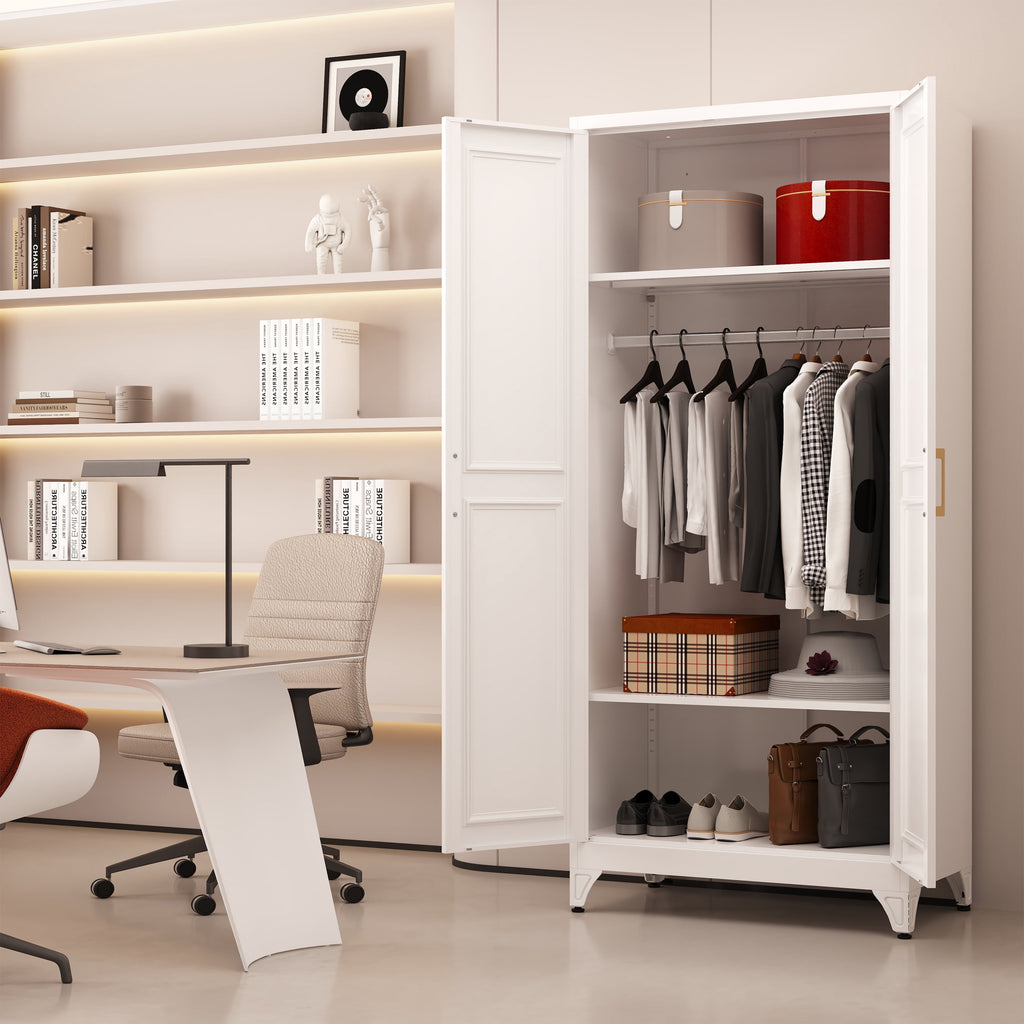 Polup 71 H Modern Metal Sturdy Armoire Cabinet with Shelves and Hanging Rod, Adult Bedroom Wardrobe Closet with Doors