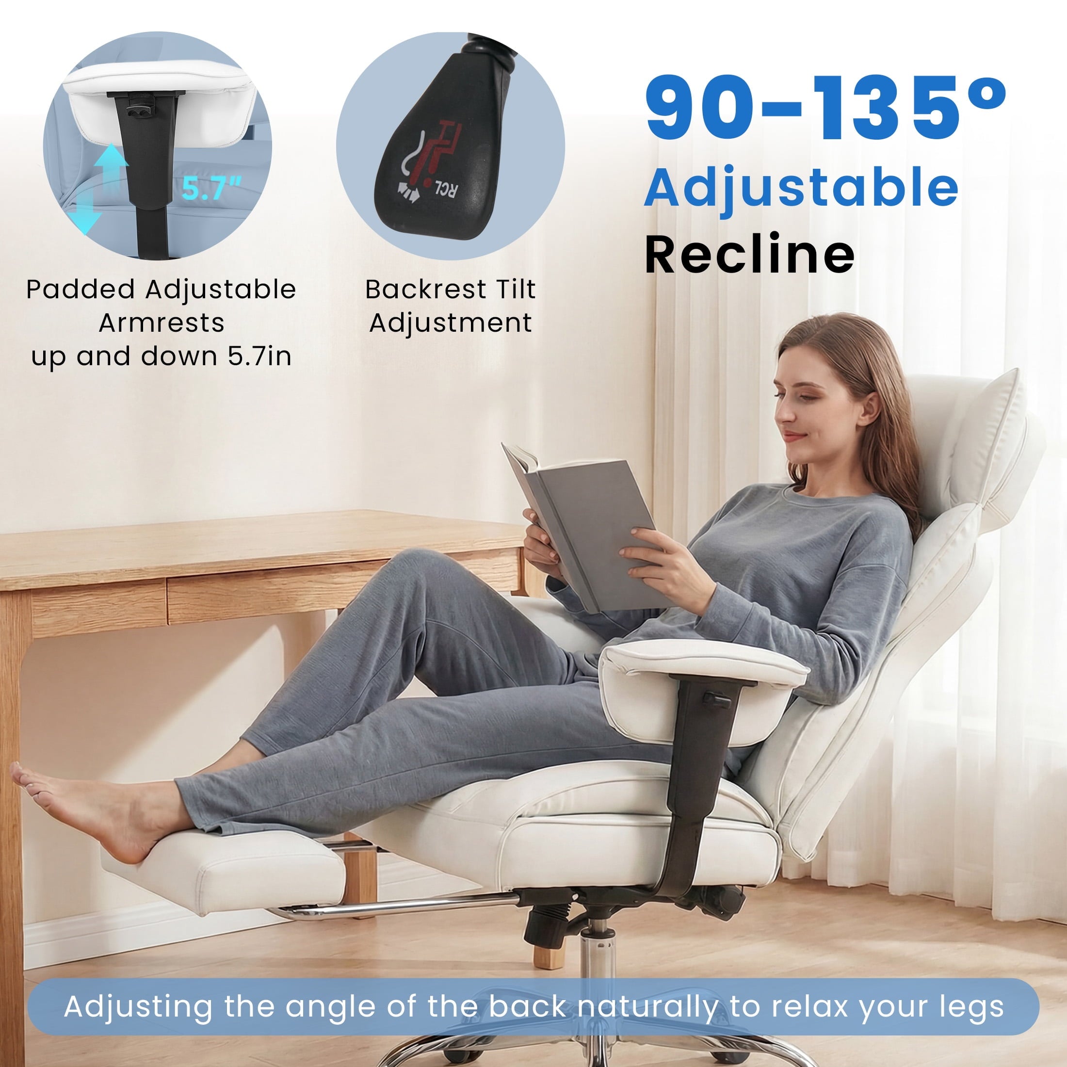 edx Executive Home Office Desk Chair, Ergonomic Big Tall High Back with Footrest & Lumbar Support, Reclining Comfy PU Leather Computer Gaming Chair with Swivel Wheels, Height Adjustable, Black