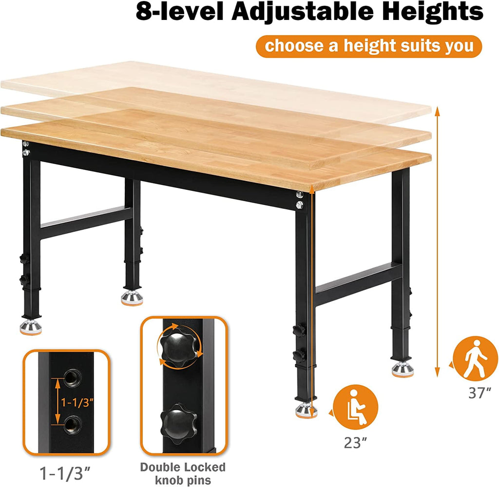 Tolead 60 Heavy-Duty Adjustable Workbench with Power Outlets, Rubber Wood Shop Table, Metal Wheels, Workstation