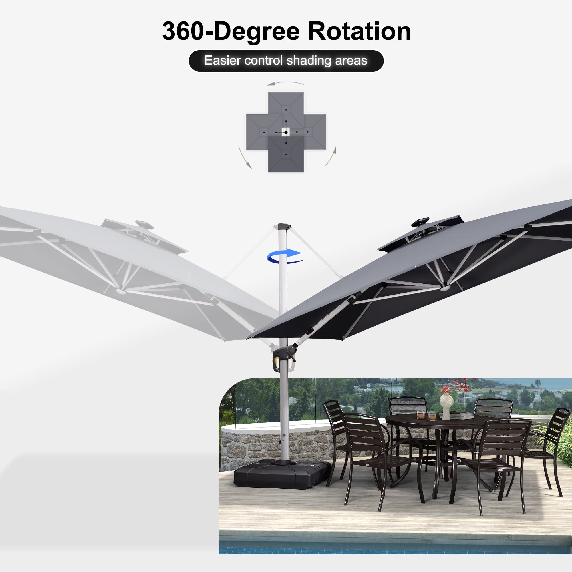 PURPLE LEAF 9 x 12FT Deluxe Rectangle Solar Powered LED Patio Umbrella with Base, Large Offset Cantilever Umbrella with 360° Rotation, Navy Blue