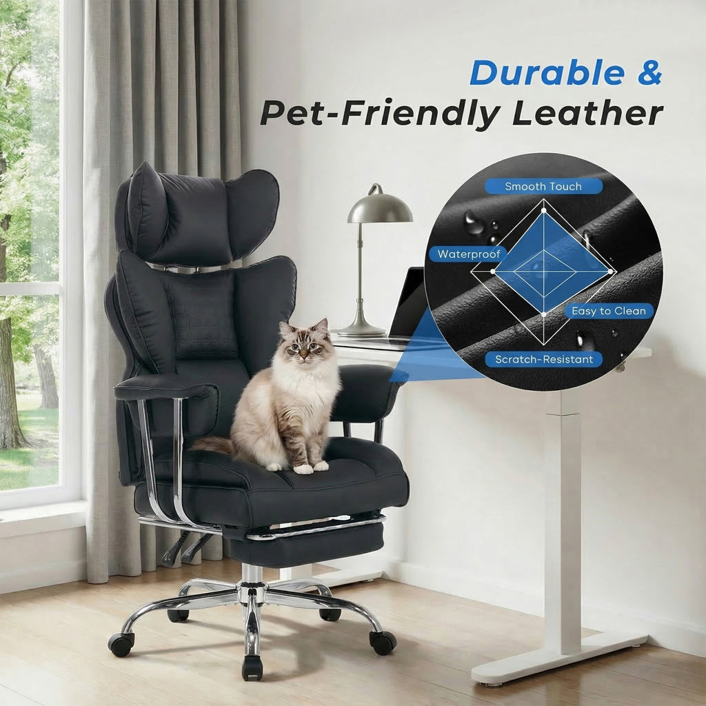 edx Executive Home Office Desk Chair, Ergonomic Big Tall High Back with Footrest & Lumbar Support, Reclining Comfy PU Leather Computer Gaming Chair with Swivel Wheels, Height Adjustable, Black