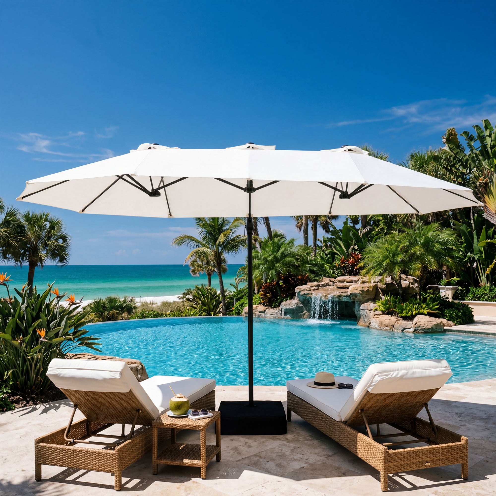 MOALCOFER 15 x 9 FT Double Sided Patio Umbrella with Base Included, Outdoor Rectangular Market Umbrella with Crank Lift, 12 Reinforced Ribs， Khaki