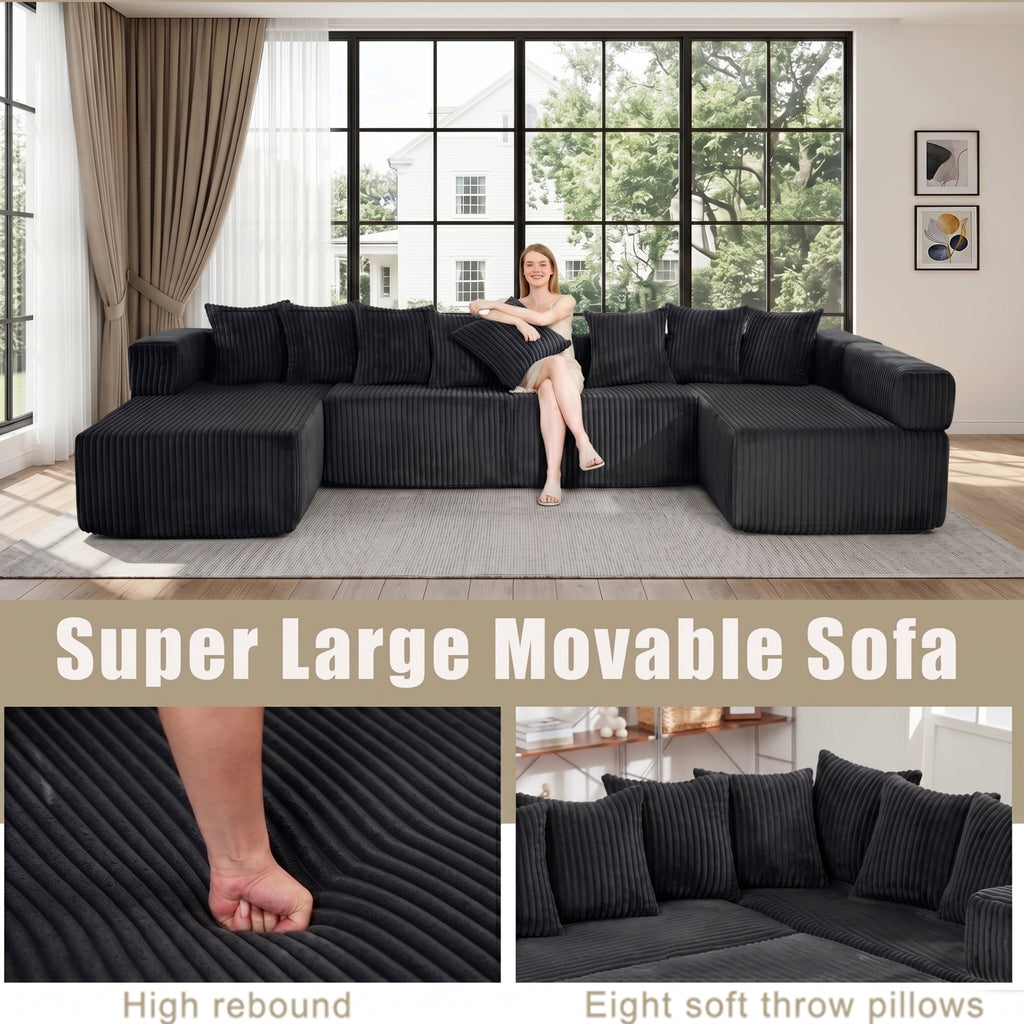 SOULART 138.5 U Shaped Sectional Couch,Gray Cloud Boneless Sofa For Living Room,Plush Corduroy Couches With Deep Seat Chaise Lounge,No Assembly Required