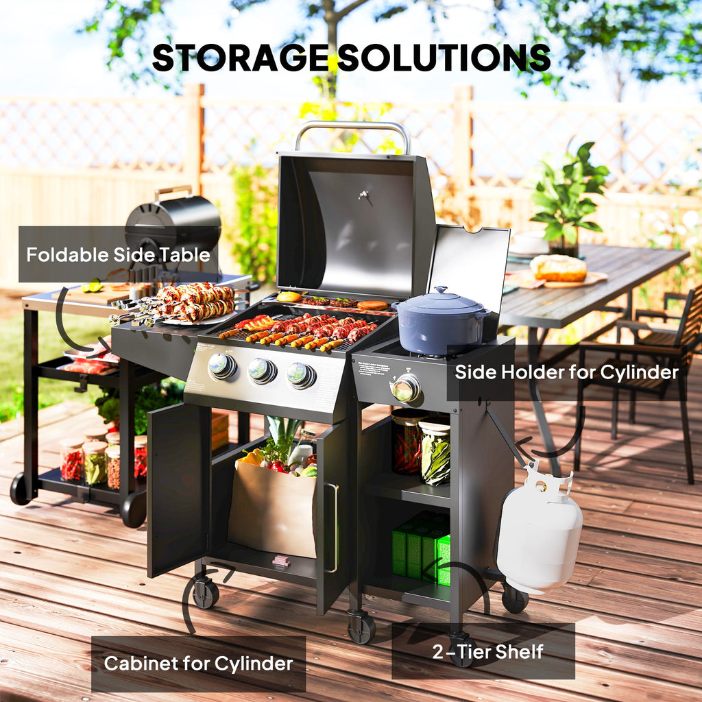 Outsunny 3 Burner Gas Grill with Side Burner, 9.5 KW Output, 310 Sq. in. Cooking Area, Cabinet Style Propane BBQ Grill with Shelves, Black