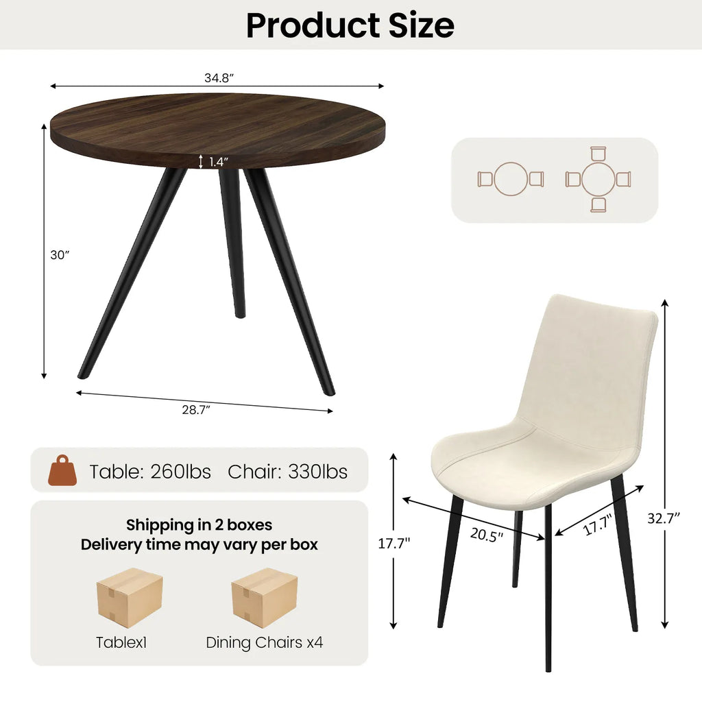 34.8 Round Dining Table for 4 People, Modern Circle Kitchen Table with Metal Legs for Kitchen, Dining Room, Apartment,Gray