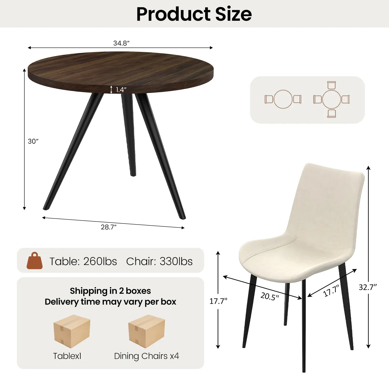34.8 Round Dining Table for 4 People, Modern Circle Kitchen Table with Metal Legs for Kitchen, Dining Room, Apartment,Gray