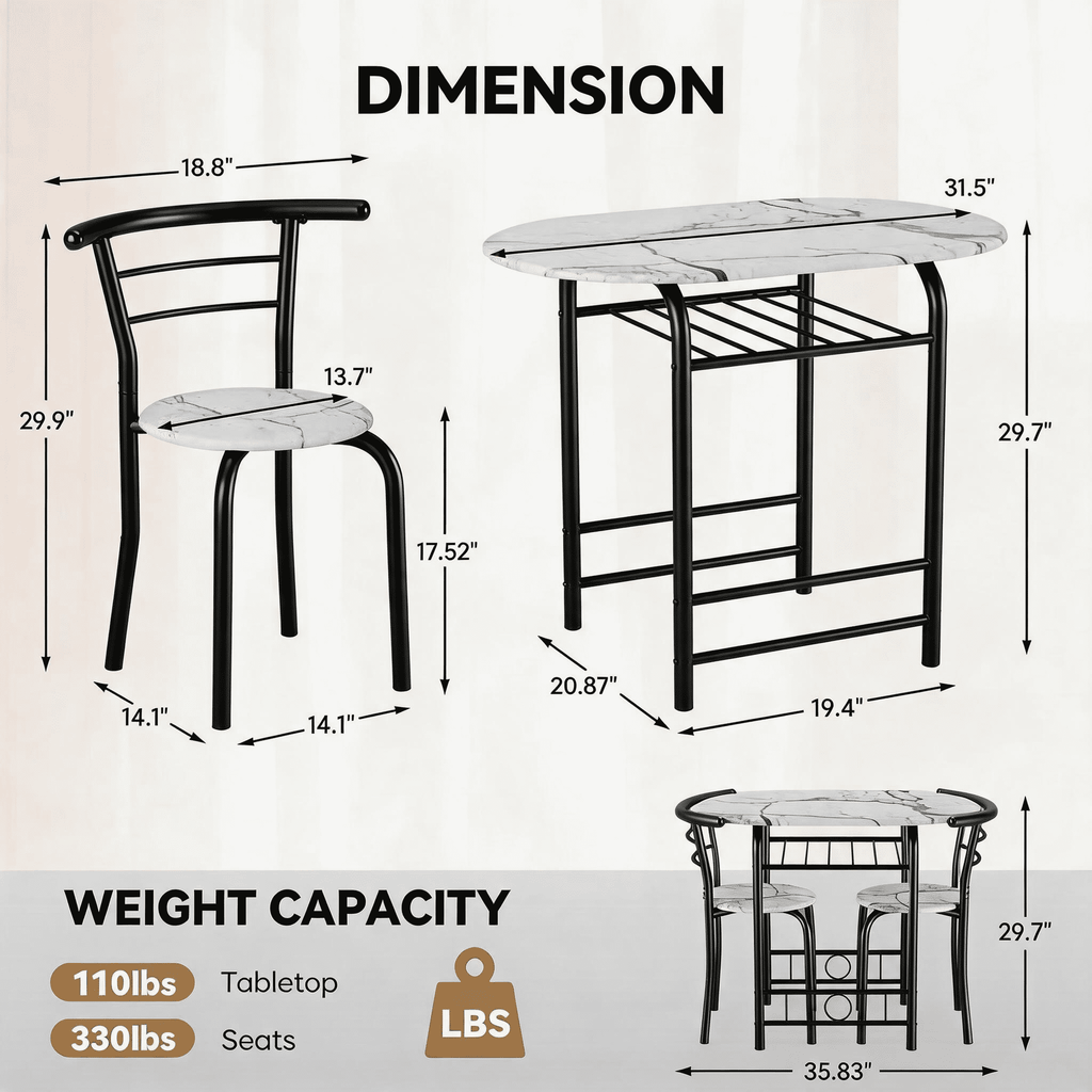Homall 3 Piece Wood and Metal Dining Table Set, Small Dining Table for 2, Modern Dining Set for Living Room, Dining Room, Kitchen, Black
