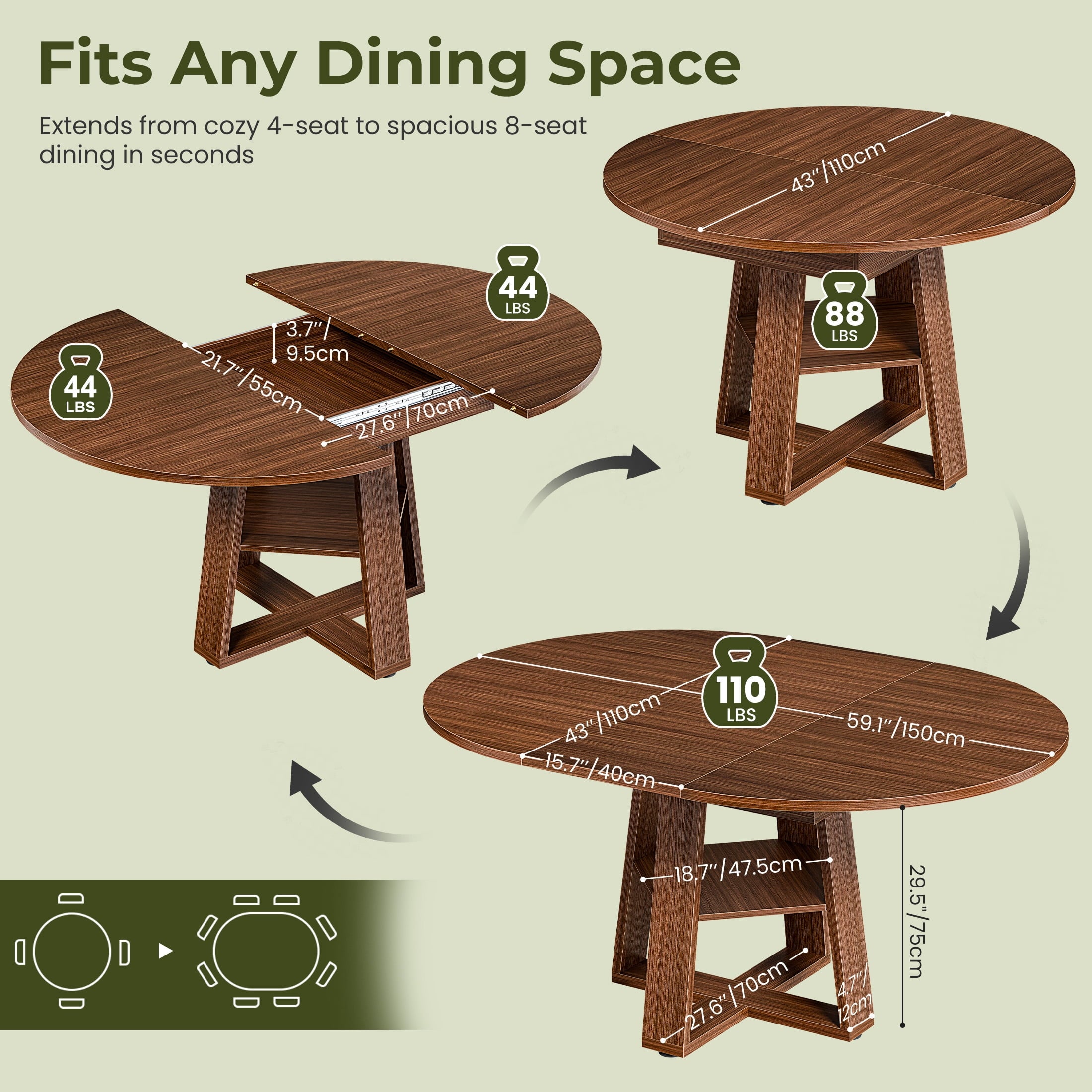 EDX 43.3″–59″ Extendable Round Dining Table for 4-8, Modern Oval Dining Table with Removable Leaves, Wooden Kitchen Table with Storage Shelf Base, Space Saving for Kitchen Living Room, Black