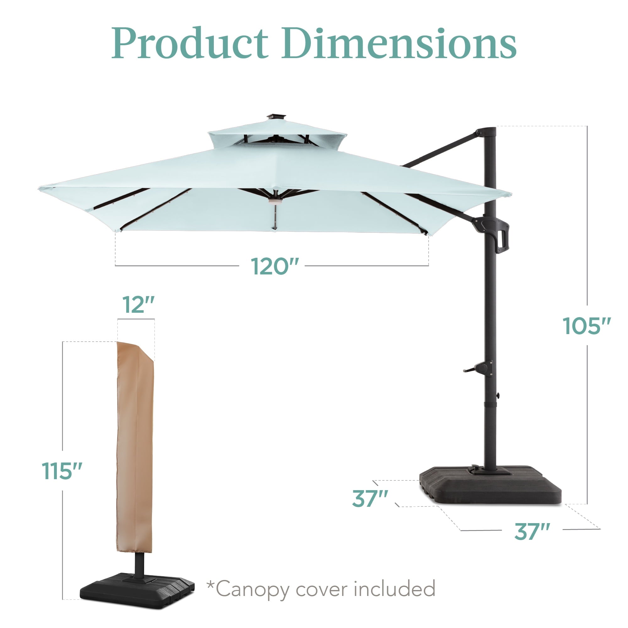 Best Choice Products 10x10ft 2-Tier Square Outdoor Solar LED Cantilever Patio Umbrella w/ Base Included - Tan