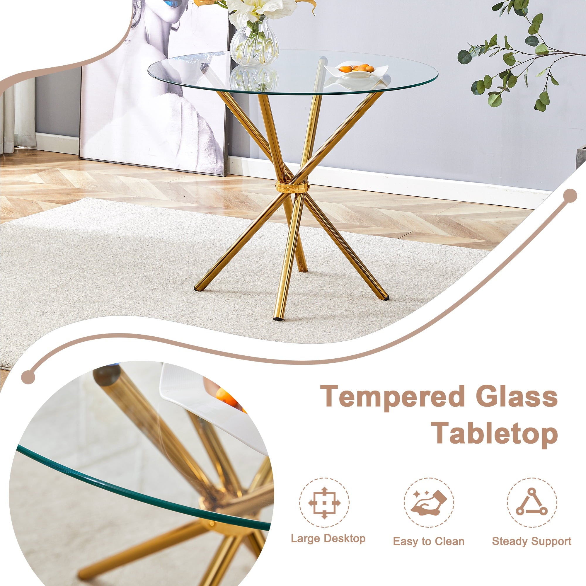 LUFTUT 36.6 Round Glass Dining Table, Modern Gold Base Kitchen Table, Small Space Bistro Table, Clear Tempered Glass Top for Apartmen