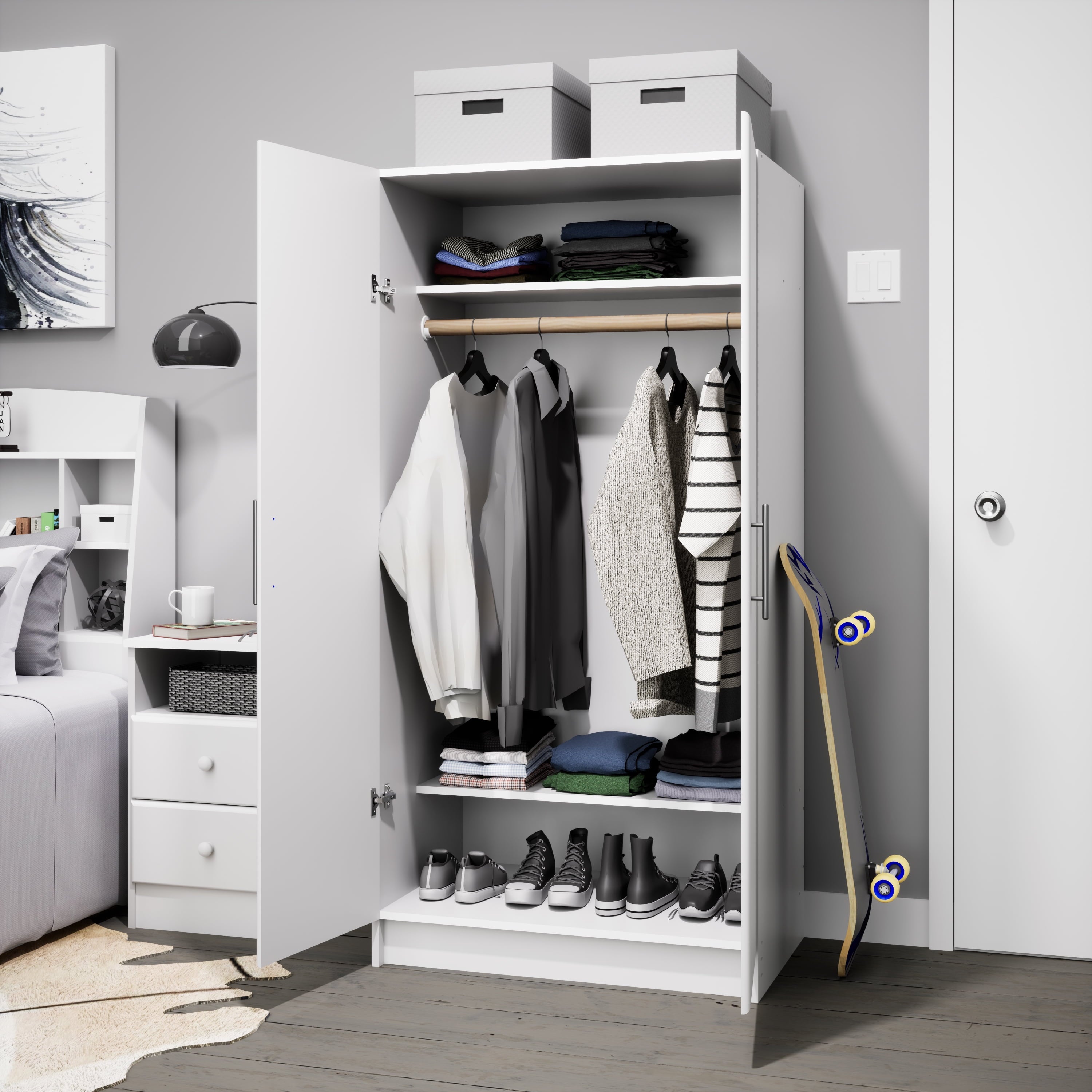 Prepac Armoir, Elite 32W x 35H x 20D White Wardrobe Closet & Cabinet - Functional Clothes Storage with Hanging Rail, Armoire Wardrobe - WEW-3264