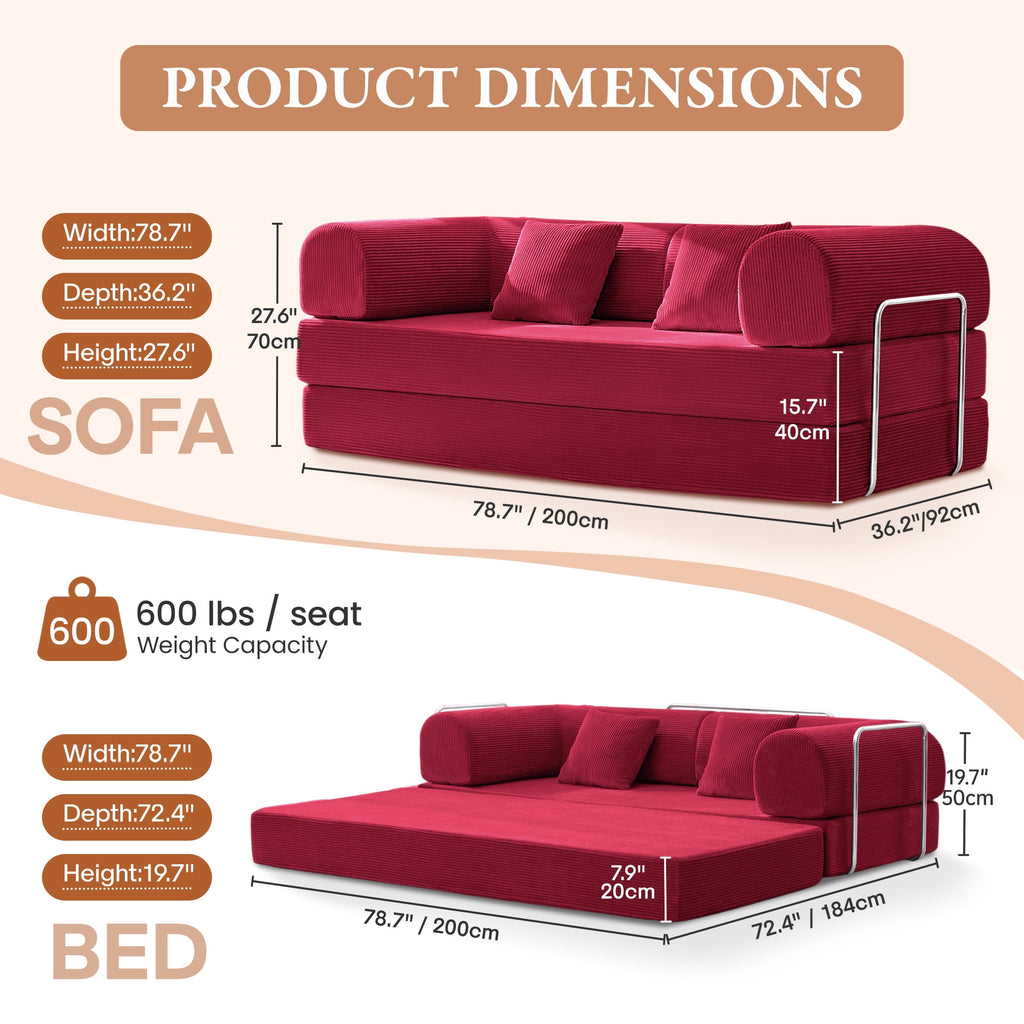 COOLHUT 63 W Combination Sofa, High Rebound Density Foam Sofa Couch, Two Forms Floor Couch Three Seats Sofa Bed for Living Room, Bedroom, Green
