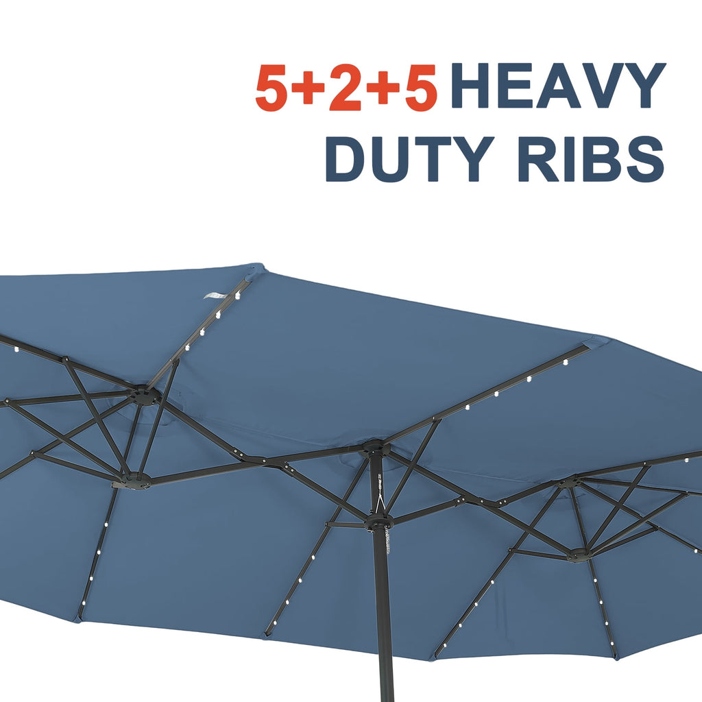 Ainfox 15ft Large Patio Umbrella with Solar Lights, Double-Sided Outdoor Rectangle Table Umbrellas with Sand Bag Base，Beige