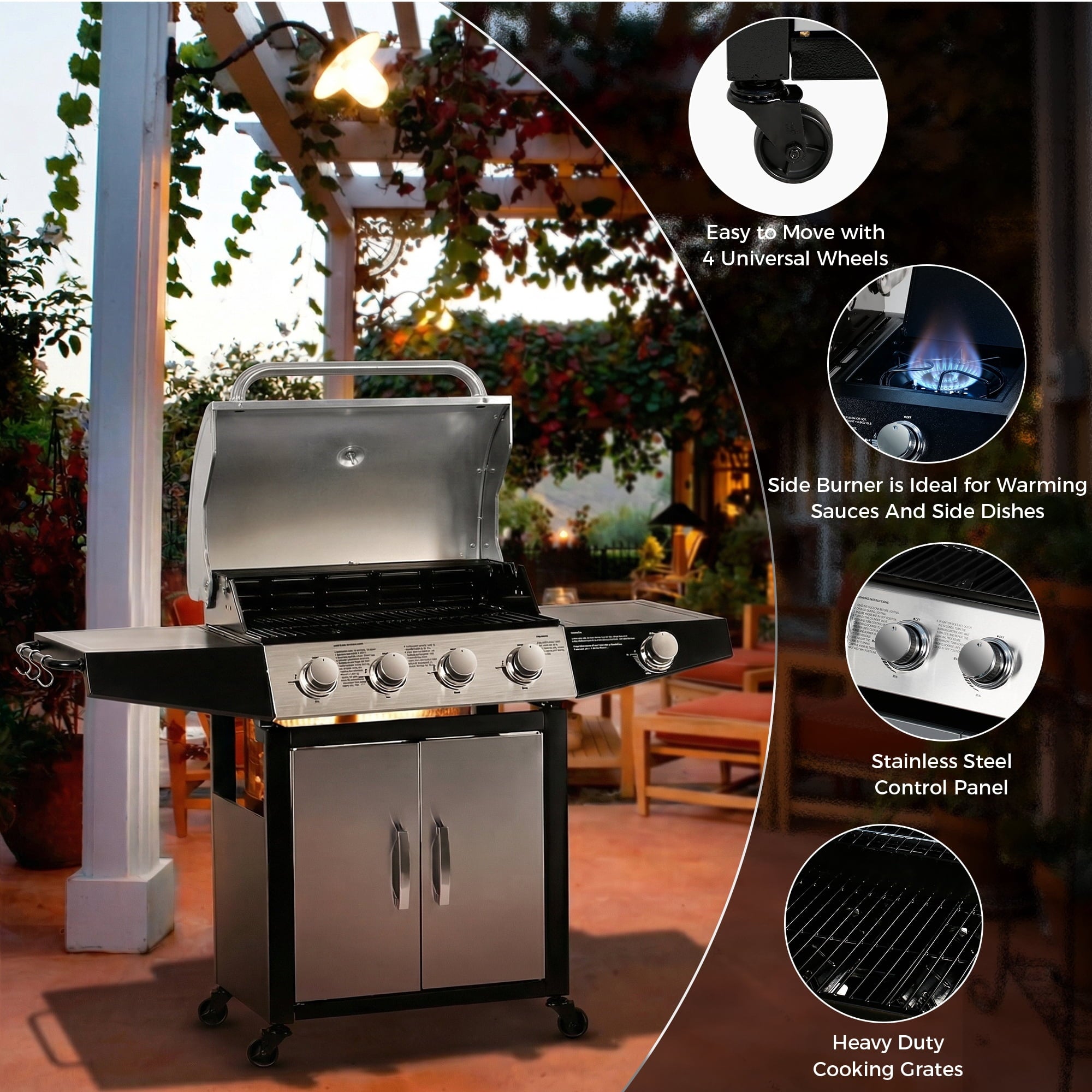 MASTER COOK 4+1 Burners Propane Gas Grill, 52,000 BTU Cabinet BBQ Grill with Side Stove, 518 Sqin Cooking Area, Stainless Steel
