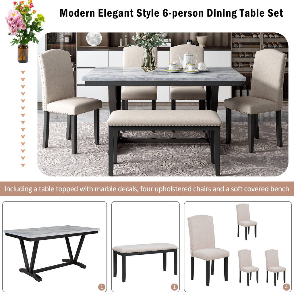 Harper & Bright Designs Dining Table Set for 6 with Bench Rectangular Table and 4 Upholstered Chairs for Kitchen, Gary