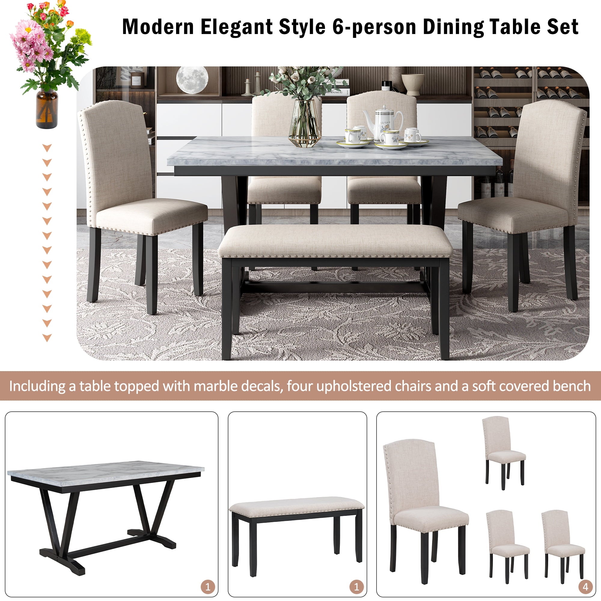 Harper & Bright Designs Dining Table Set for 6 with Bench Rectangular Table and 4 Upholstered Chairs for Kitchen, Gary