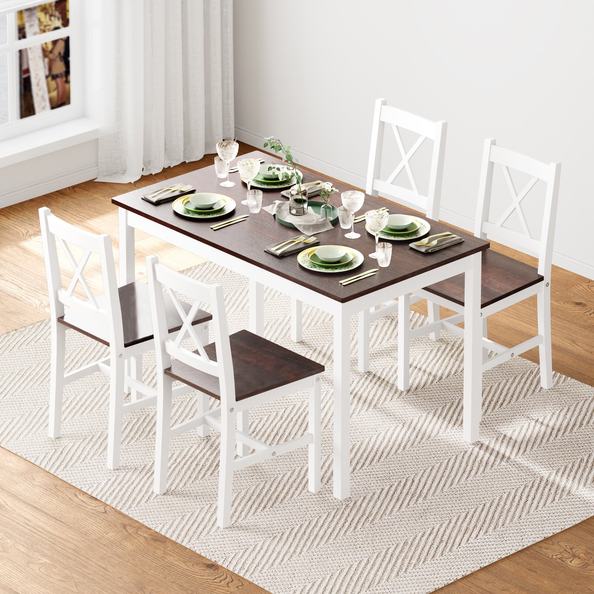 Soges 4-Person Dining Table Set 5 Pieces, Wood Kitchen Table Set with 4 Chairs for Kitchen Dining Room Restaurant, White&Oak