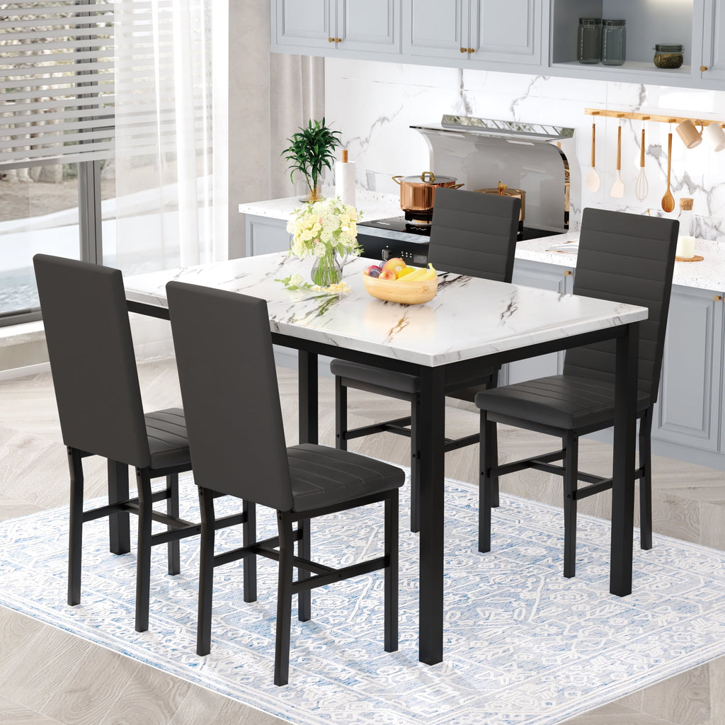 AWQM 5 Piece Dining Table Set, Faux Marble Kitchen Table and Chairs for 4, Dining Room Table Set with 4 PU Leather Chairs, White