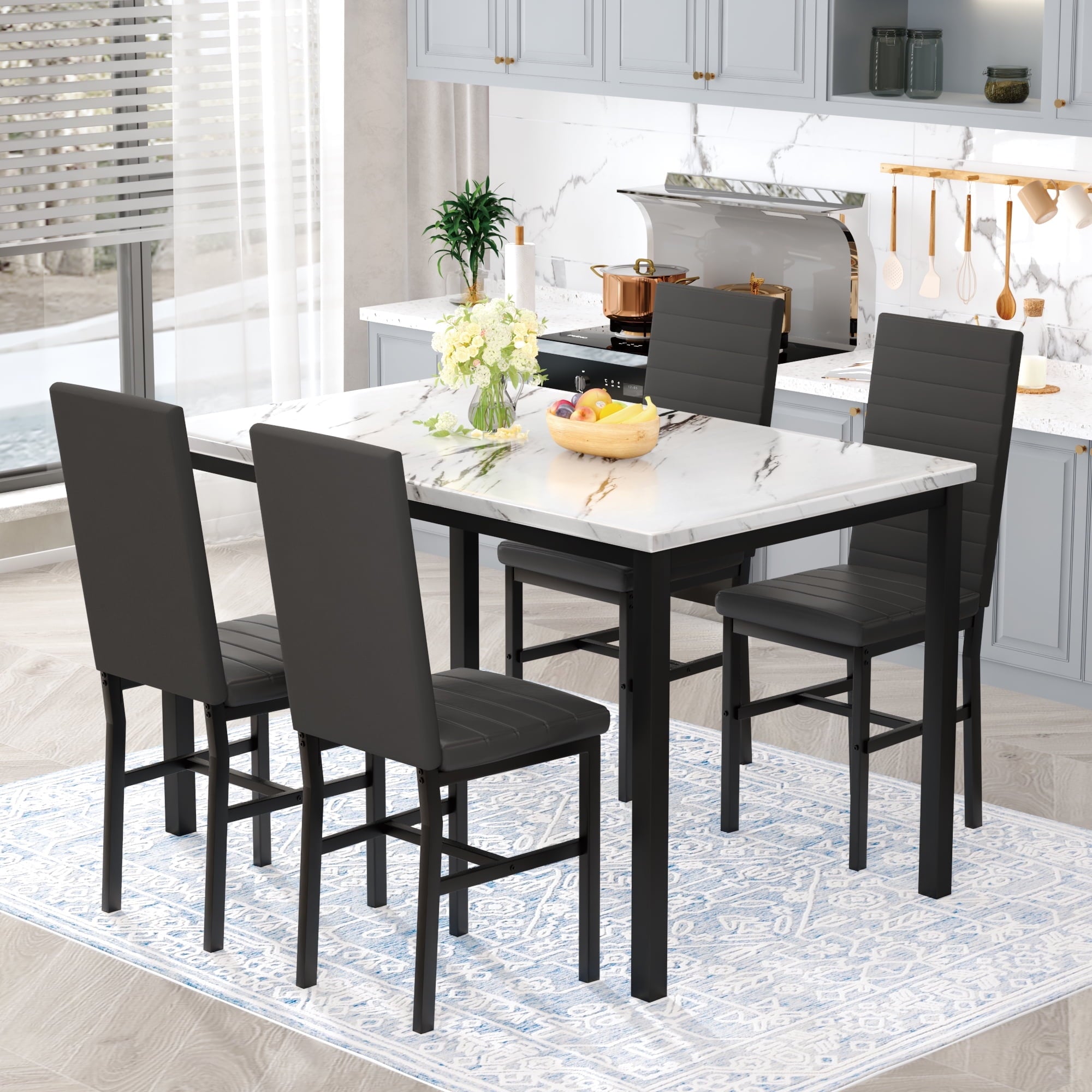 AWQM 5 Piece Dining Table Set, Faux Marble Kitchen Table and Chairs for 4, Dining Room Table Set with 4 PU Leather Chairs, White