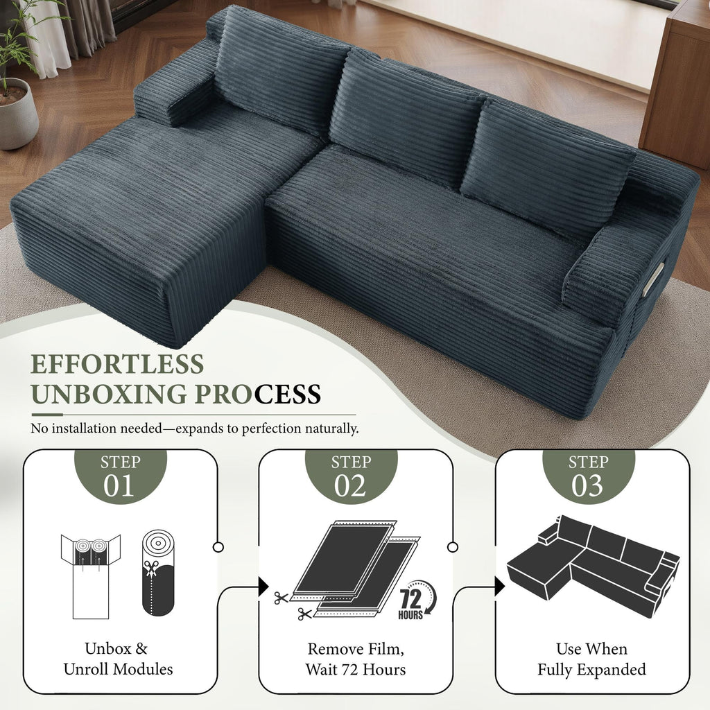 96 L-Shaped Sectional Couches for Living Room, Modular Cloud Couch with Chaise, Corduroy Deep Seat Boneless Sofa, No Assembly, Black