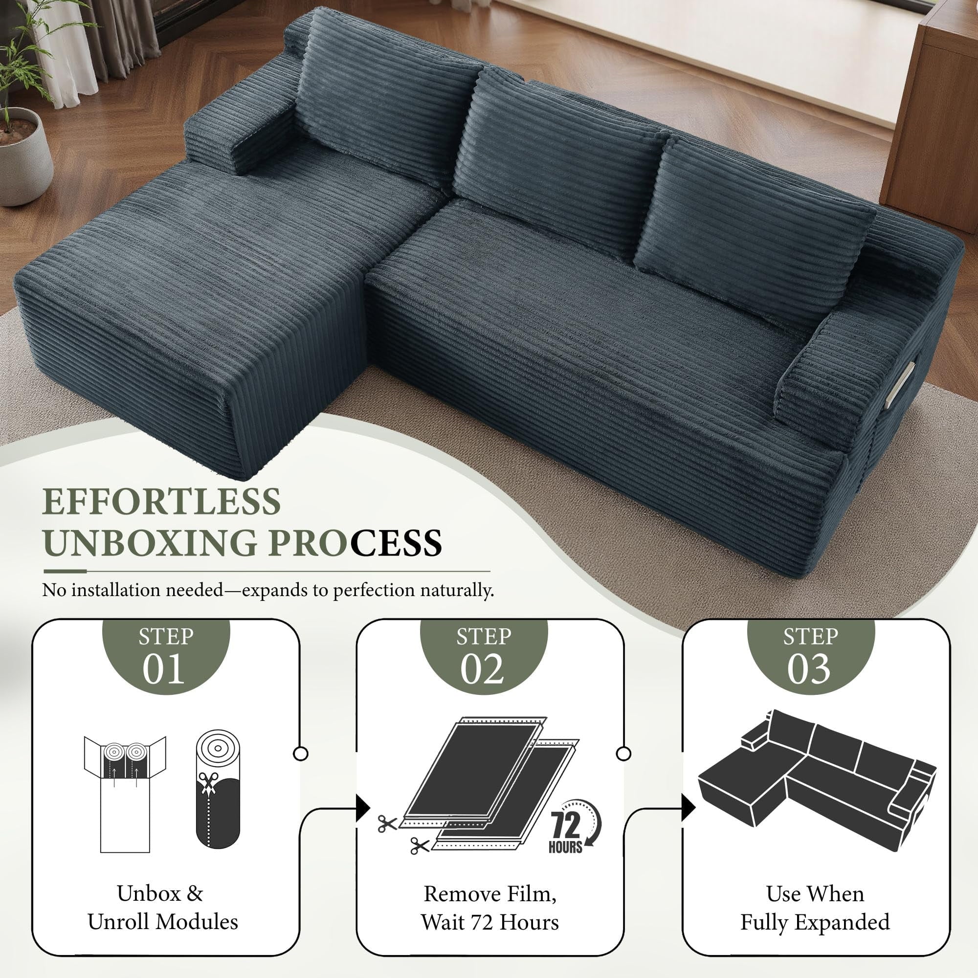 96 L-Shaped Sectional Couches for Living Room, Modular Cloud Couch with Chaise, Corduroy Deep Seat Boneless Sofa, No Assembly, Black