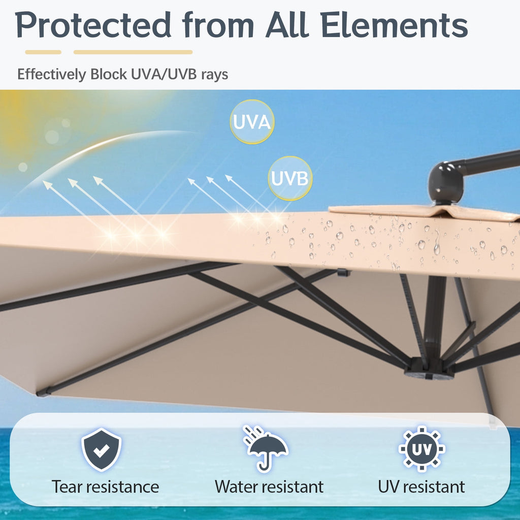 AECOJOY 10x10ft Outdoor Cantilever Patio Umbrella with Base, 360° Tilt & Rotate, Beige