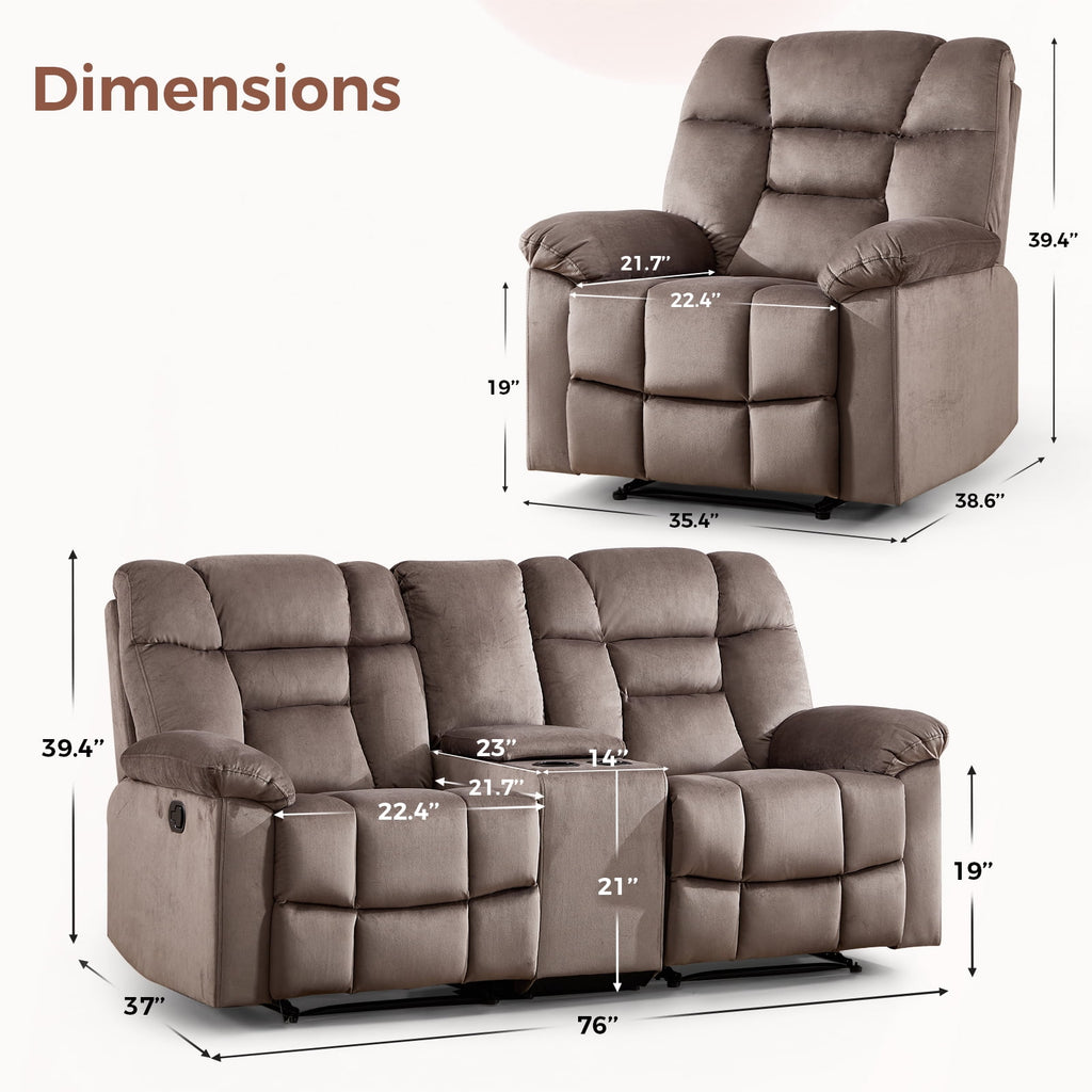 Bonzy Home Brown Manual Recliner Sofa Set with Single Seat, Loveseat, Hidden Storage and Cup Holders