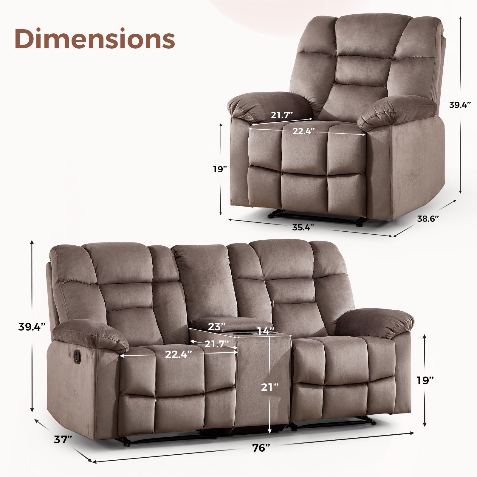 Bonzy Home Brown Manual Recliner Sofa Set with Single Seat, Loveseat, Hidden Storage and Cup Holders