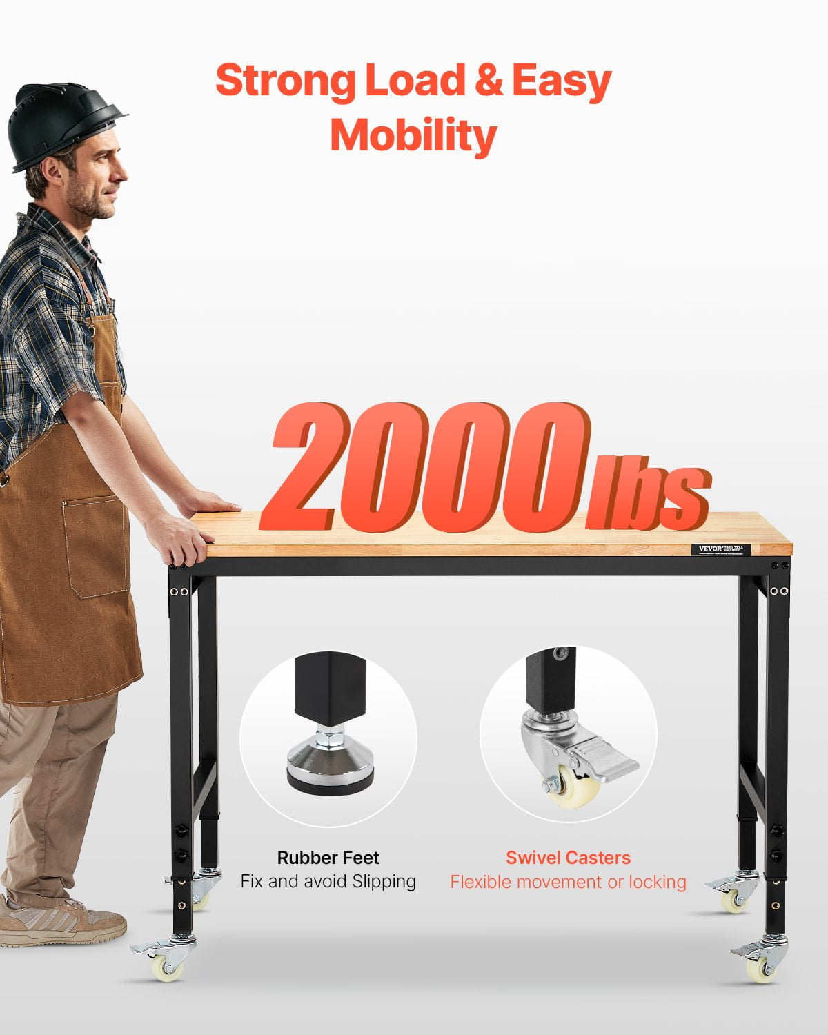 VEVOR 48-Inch Adjustable Workbench, 2000 lbs Load, Work Bench with Power Outlet, Wheels, and Pegboard, Heavy Duty Oak Wood Top Work Table for Garage, Workshop, Office, and Home