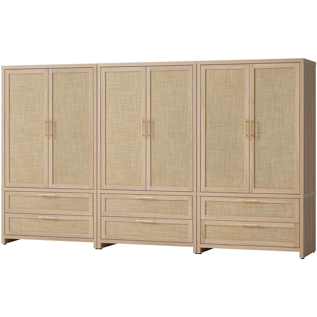 SICOTAS 40W Oversized Boho Armoire Wardrobe Closet with 2 Large Drawers, 71 Tall Rattan Clothing Storage Cabinet with Shelves & Hanging Rod, Farmhouse Freestanding Wardrobe Cabinet for Bedroom, Oak
