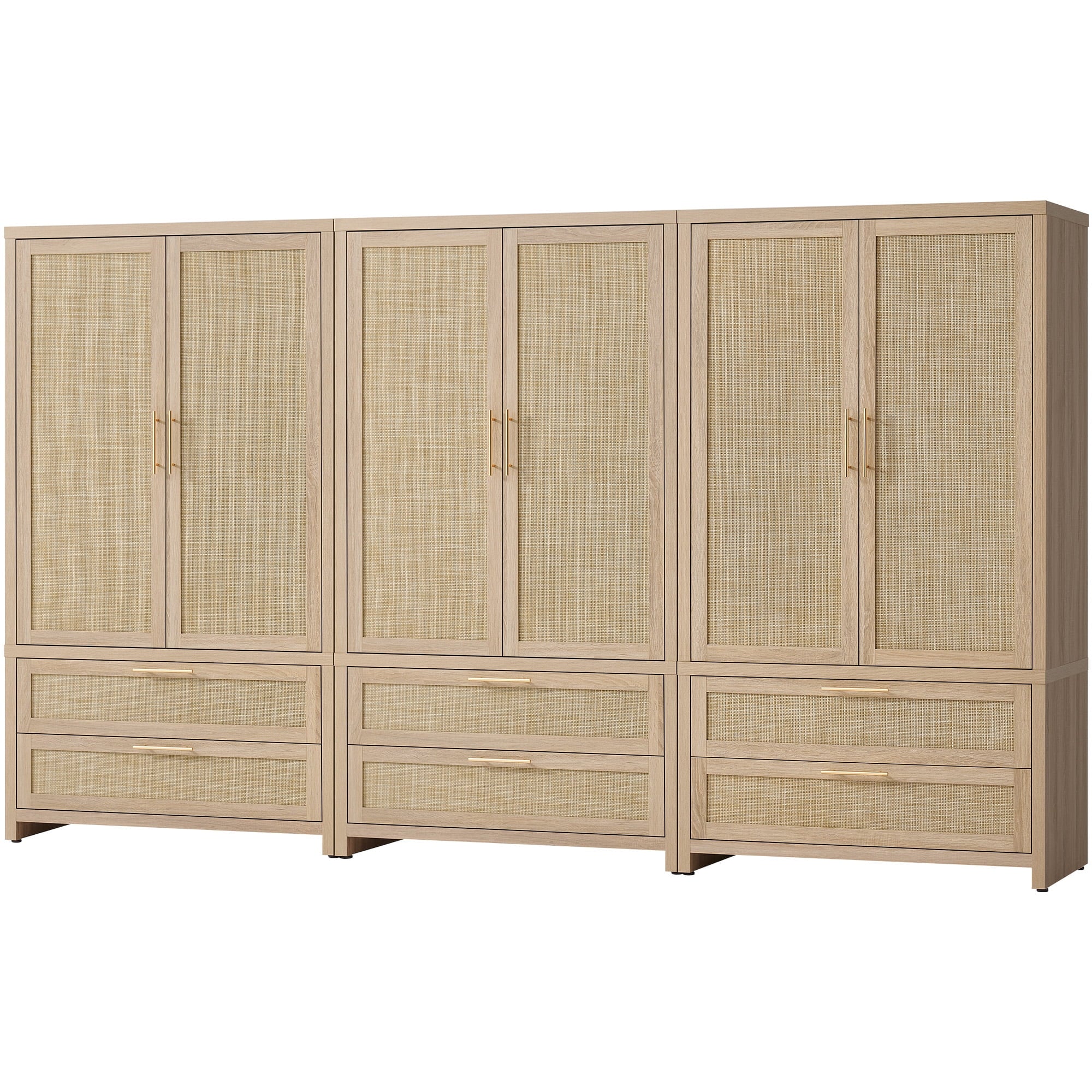 SICOTAS 40W Oversized Boho Armoire Wardrobe Closet with 2 Large Drawers, 71 Tall Rattan Clothing Storage Cabinet with Shelves & Hanging Rod, Farmhouse Freestanding Wardrobe Cabinet for Bedroom, Oak