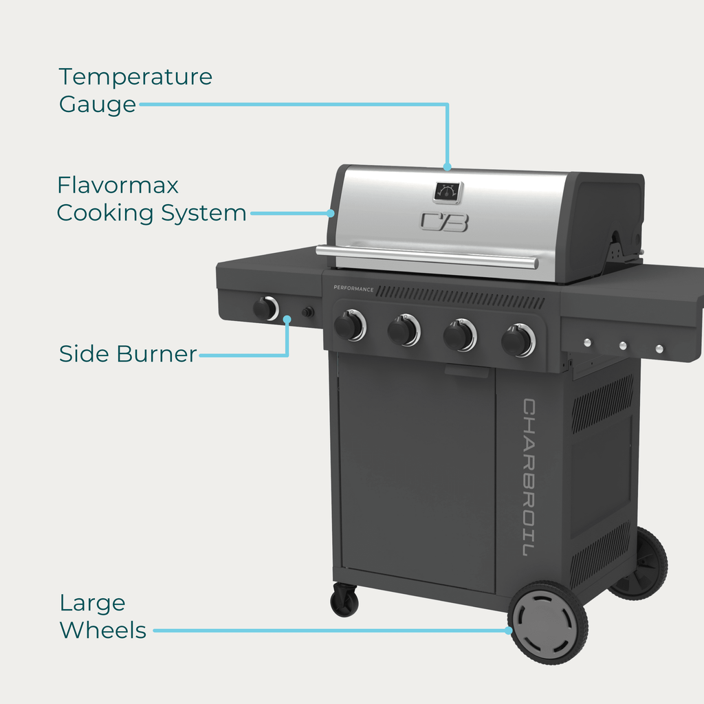 Charbroil® Performance Series™ FlavorMax™ 4 Burner Gas Grill Cabinet with Side Burner, Stainless Steel