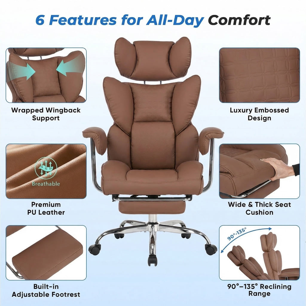 edx Executive Home Office Desk Chair, Ergonomic Big Tall High Back with Footrest & Lumbar Support, Reclining Comfy PU Leather Computer Gaming Chair with Swivel Wheels, Height Adjustable, Black