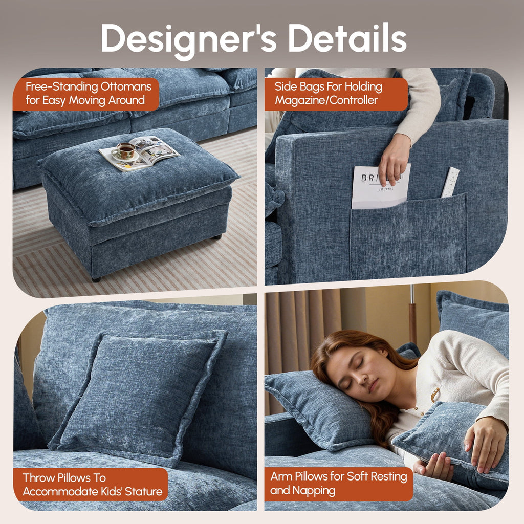 Ovios 108 Modular Sectional Sofa U-Shaped Cloud Couch with 2 Ottomans, Comfy Living Room Furniture, Chenille, Gray