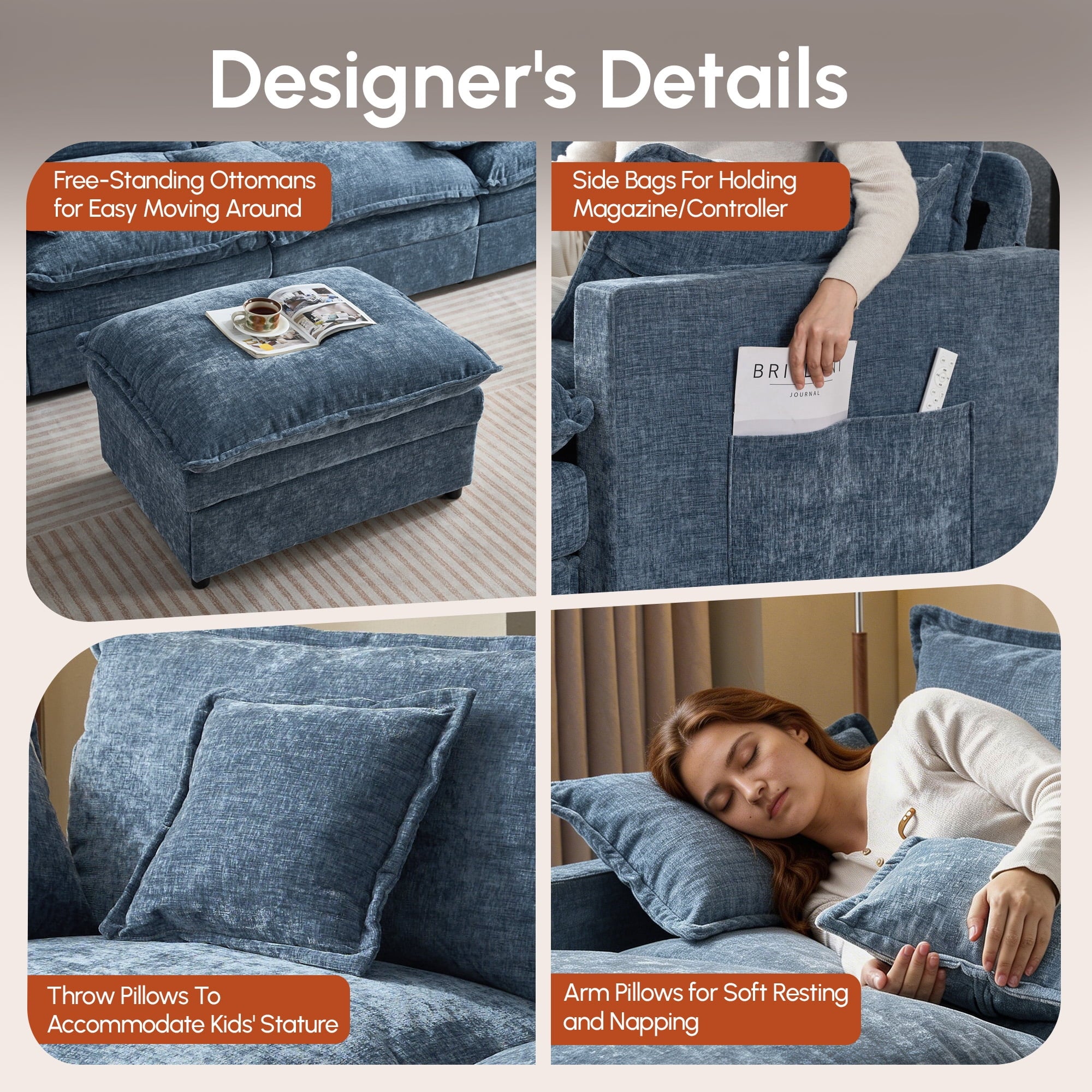 Ovios 108 Modular Sectional Sofa U-Shaped Cloud Couch with 2 Ottomans, Comfy Living Room Furniture, Chenille, Gray