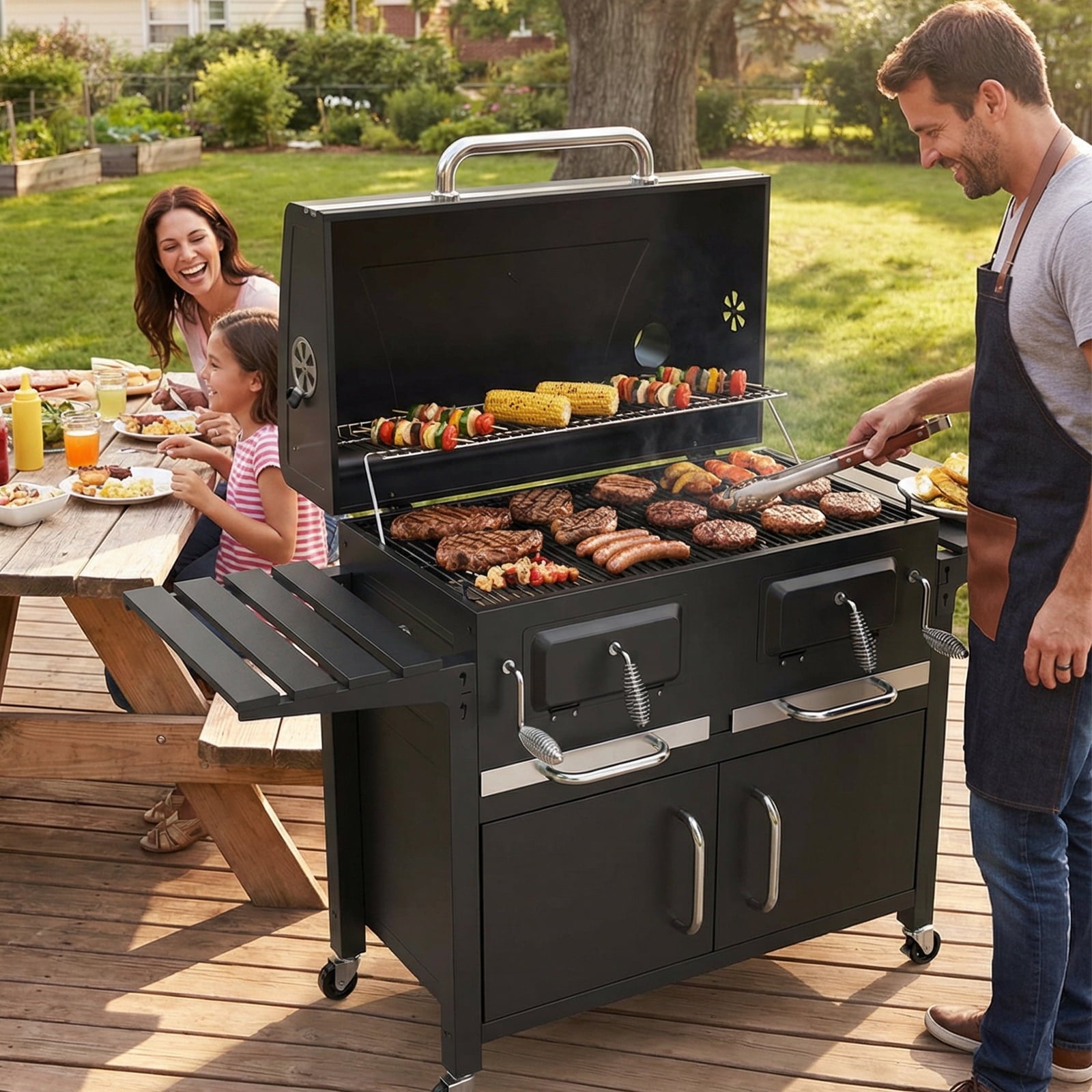 SIXDAY Extra Large Charcoal Grill with Dual Adjustable Charcoal Trays, 3 Enamel Cooking Grates, Chrome Warming Rack, 4 Wheels & Foldable Side Tables, Outdoor BBQ Smoker