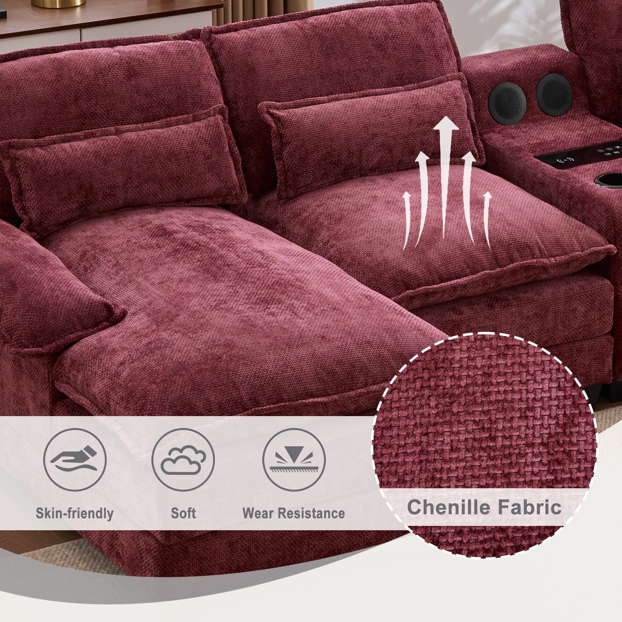 Villeston 126.77 U-Shaped Cloud Sofa With Chaise Lounge, Chenille Sofa With Wireless Charging, Bluetooth Speaker, Two Cup Holders, Storage Drawer, Suitable For Living Room,Gray