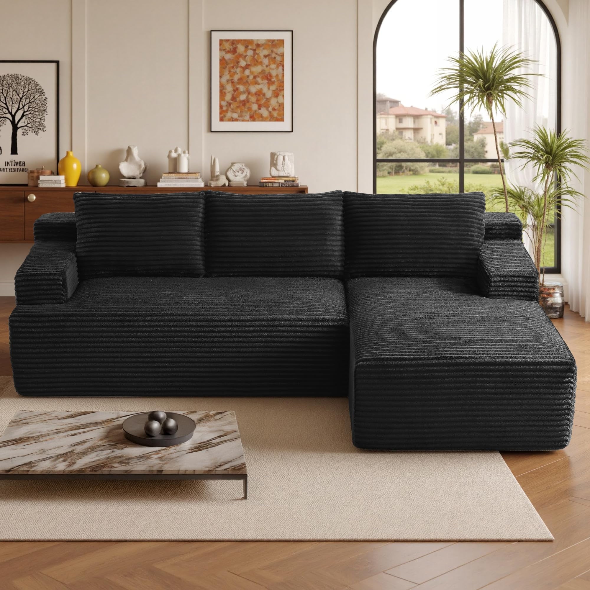 96 L-Shaped Sectional Couches for Living Room, Modular Cloud Couch with Chaise, Corduroy Deep Seat Boneless Sofa, No Assembly, Black